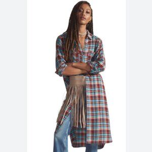 Anthropologie Pilcro Maxi Tunic Plaid Button down long Sleeve Turquoise Red XS
